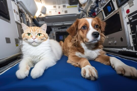 feline and canine astronauts taking a break from their mission, floating in the zero-gravity of space, created with generative ai
