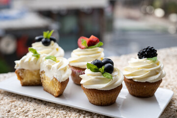 Cupcakes with different fruits on a white plate close-up.