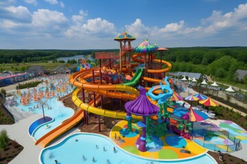 Fototapeta na wymiar water park with colorful and whimsical water slides, including a massive spiral slide and towering wave slide, created with generative ai