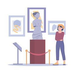 Girl in museum. Woman stands at exhibition and looks at paintings and antique marble statue. Creativity and art, cultural leisure. Character in gallery. Cartoon flat vector illustration