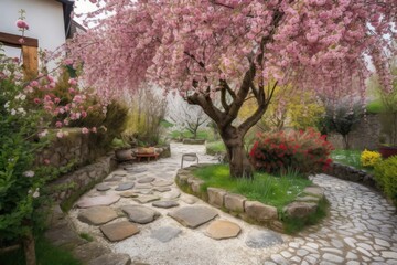 blossoming cherry tree in garden with colorful blooms and stone pathway, created with generative ai