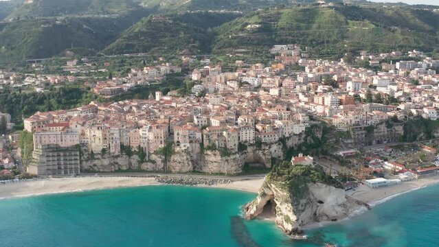 Aerial view of Tropea, coastline, harbor, town and beach, Calabria, Italy - 4k