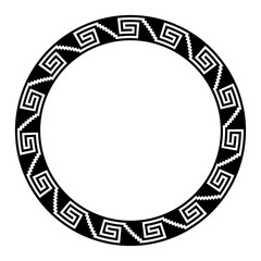 Aztec stepped fret pattern, circle frame with serpent meander motif. Border made of steps, seamless connected to a spiral, similar to Greek key. Also referred to as step fret design or Xicalcoliuhqui.