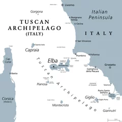 Fotobehang Tuscan Archipelago, Italy, gray political map. Island chain between Ligurian and Tyrrhenian Sea, west of Tuscany, between Corsica and Italian Peninsula, with well known islands Elba and Montecristo. © Peter Hermes Furian