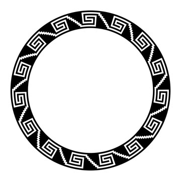 Aztec stepped fret pattern, circle frame with serpent meander motif. Border made of steps, seamless connected to a spiral, similar to Greek key. Also referred to as step fret design or Xicalcoliuhqui.