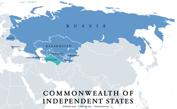 Commonwealth of Independent States (CIS), political map. Regional intergovernmental organization in Eurasia, formed following the dissolution of the Soviet Union. Nine member states and one associate.