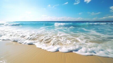 Fototapeta na wymiar Beautiful sandy beach and soft blue ocean. waves on the beach. wave breaking on the rocks. Generative AI