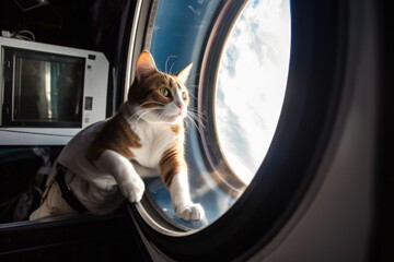 feline astronaut floating in zero gravity, with view of distant planet visible through the window, created with generative ai