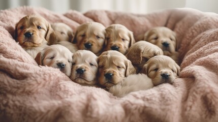 litter of puppies in bed - obrazy, fototapety, plakaty