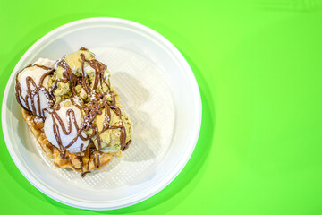 Artisan Italian pistachio ice cream over waffle