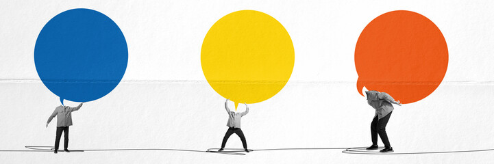 Man with giant speech bubbles with empty space for text over light background. Banner. Contemporary art collage. Concept of business, shopping, sales, innovations. Creative design. Copy space for ad