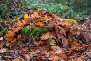 Obraz premium close-up of pile of fallen leaves, with a few still clinging to the shrubbery, created with generative ai