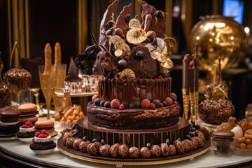 an extravagant chocolate cake with a towering frosting and piped design, surrounded by other decadent desserts, created with generative ai