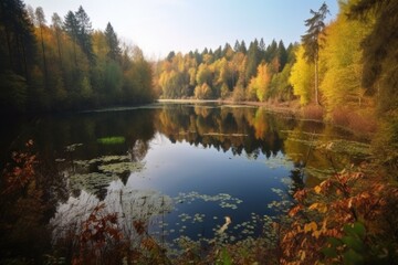Fototapeta premium autumn forest hike with view of a peaceful lake, created with generative ai