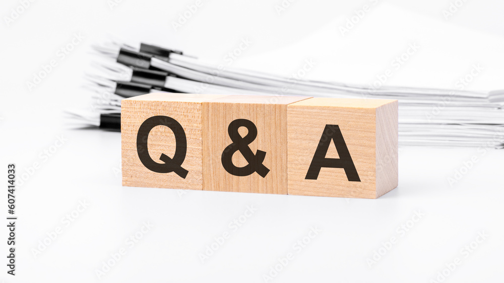 Poster q and a wooden blocks word on white background. qa - short for question and answer, business concept