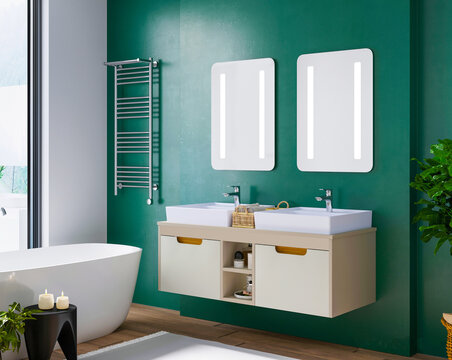 A modern bathroom design with shower cabin and bathroom cabinet. 3D Render illustration