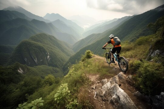 cyclist climbing steep mountain trail on bicycle, with view of the valley below, created with generative ai