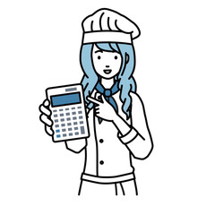 立って電卓を指差してこちらに向けて見せている調理師の女性