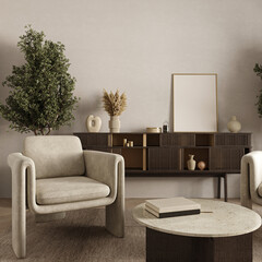 Luxury living room with gray wall and lounge furniture - taupe chairs. Empty space for art or picture. Rich interior design. Mockup of room or hall. 3d rendering. High quality 3d illustration