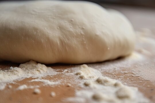 close-up of pizza dough, with visible flour and water droplets, created with generative ai