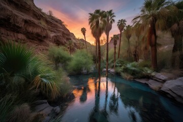lush oasis surrounded by fiery canyon sunset, with palm trees and water in the background, created with generative ai