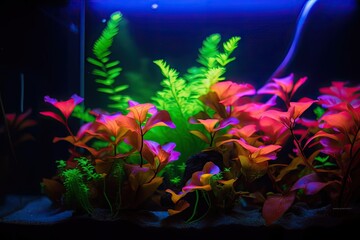 Fototapeta na wymiar bright neon plant growing in a fish tank, created with generative ai