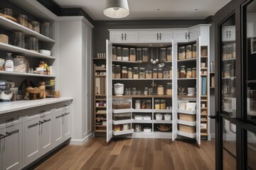 clutter-free kitchen, with organized and well-stocked pantry and cabinets, created with generative ai