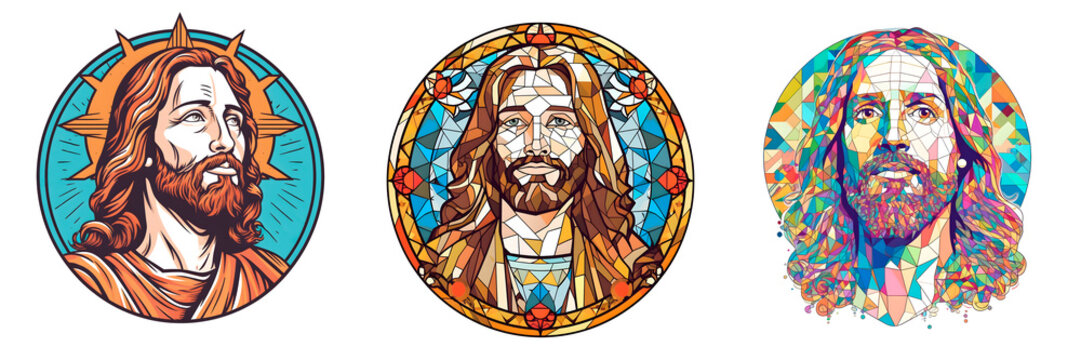 set of three stylized portraits of Jesus Christ on a transparent background, portraits of Jesus in a modern geometric polygonal style as a stained glass fresco, generative ai
