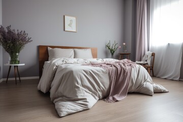 decluttered bedroom, with minimalist bedding and fresh flowers, created with generative ai