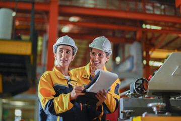 Factory apprenticeship. Man mentor teaching Female employees trainee operating machine looking...