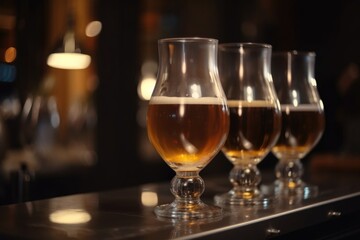 close-up of draught beer glasses with foamy head and full of delicious flavor, created with generative ai