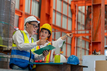 Factory apprenticeship. Man mentor teaching Female employees trainee operating machine looking monitors and check Production process machinery. foreman explaining woman engineer control machine .