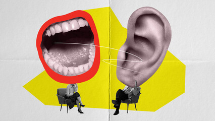 Woman endlessly talking to man listening with attention. Psychology and inner world. Contemporary art collage. Concept of communication, assistance, cooperation. Creative design - obrazy, fototapety, plakaty
