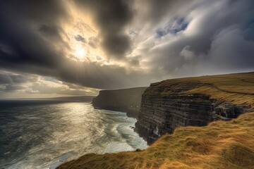 coastal cliff with dramatic sky, the clouds and sun in the background, created with generative ai