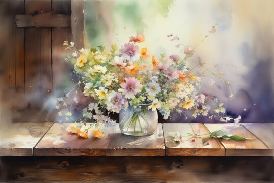 watercolor painting of pastel flowers in vase on wooden table, created with generative ai