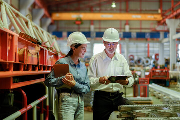 Two engineer technician assistant checker inspect checking walk heavy machine construction...