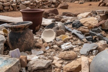 Naklejka premium close-up of debris from ancient ruins, with fragments of pottery and other artifacts visible, created with generative ai