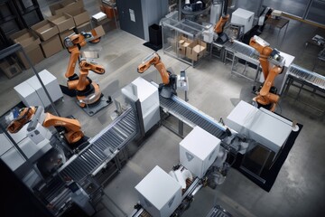 packaging and sorting robots working together to swiftly and efficiently sort large quantities of packages, created with generative ai
