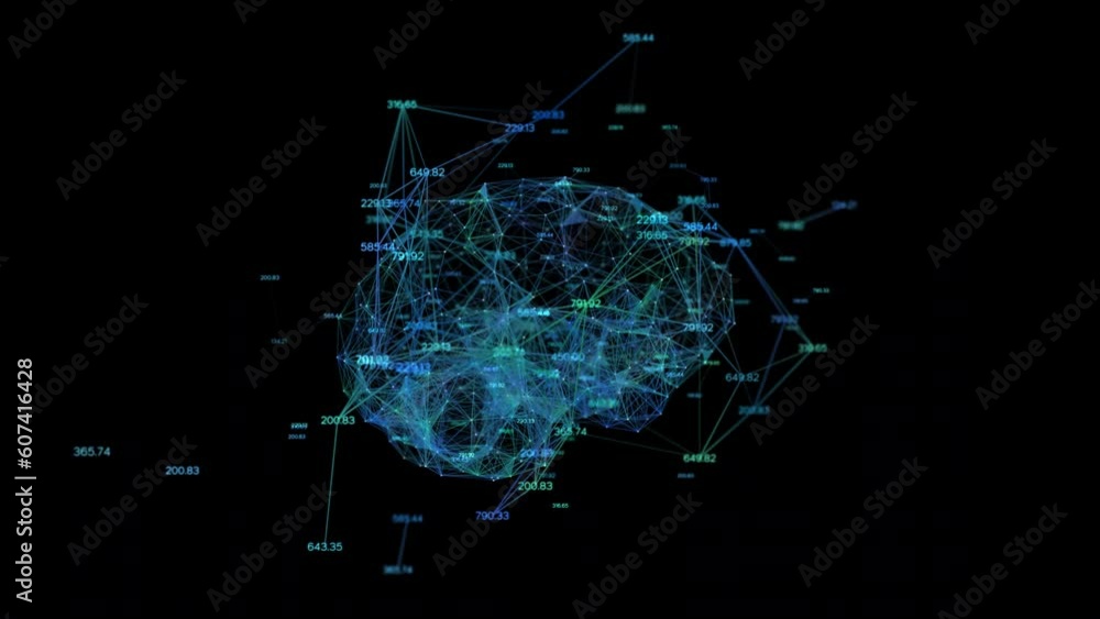 Poster digital brain and number running, plexus dot and line animation. 60 fps 3d rendering transparent bac