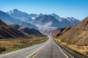 Naklejka premium scenic highway with towering mountain range in the background, created with generative ai