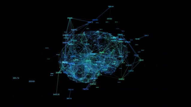 Digital brain  and number running, Plexus dot and line animation. 60 FPS 3D Rendering transparent background. Alpha channel ready.
