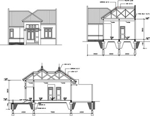 Vector illustration sketch of simple residential house view and section