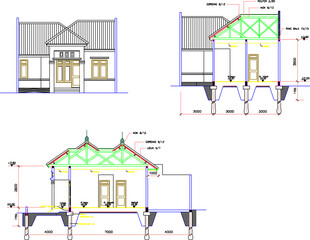 Naklejka premium Vector illustration sketch of simple residential house view and section