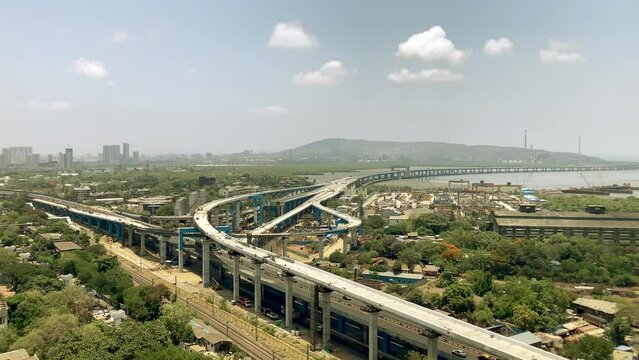 Aerial view of Mumbai city. Sewri Nhava Sheva trans harbour link. India's longest sea Bridge