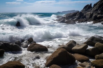 sea waves crashing onto the rocks at a rocky seashore, created with generative ai
