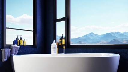 White Marble Bathroom Table Displaying Shampoo Bottle And Towels With A Blurry Elegant Bathroom Background. Generative AI