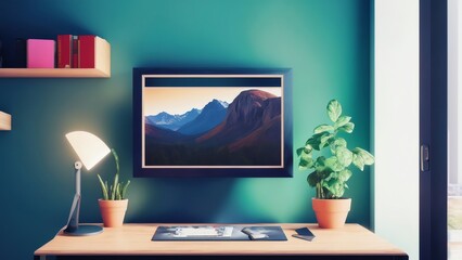 A Bright Scandinavian Study Room Features A Natural Wood Desk With A Table Lamp And Chair. Framed Pictures And Potted Plants On The Wall. All Illuminated By The Sun. Generative AI