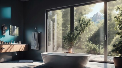 Fototapeta premium A Modern. Minimalist Bathroom With Scandinavian Decor And A Beautiful Nature View From The Window. Rendered In 3d. Generative AI