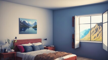 A 3d Rendering Of A Teenage Bedroom. Featuring A Brown Bed And White Cabinet. With A White-Framed Window Offering A Nature View. All Set Against A Wooden Floor And White Wall. Generative AI
