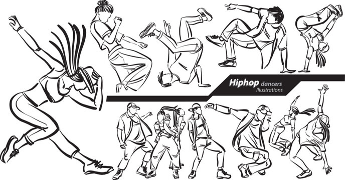 hip hop dancers set collection profession work doodle design drawing vector illustration